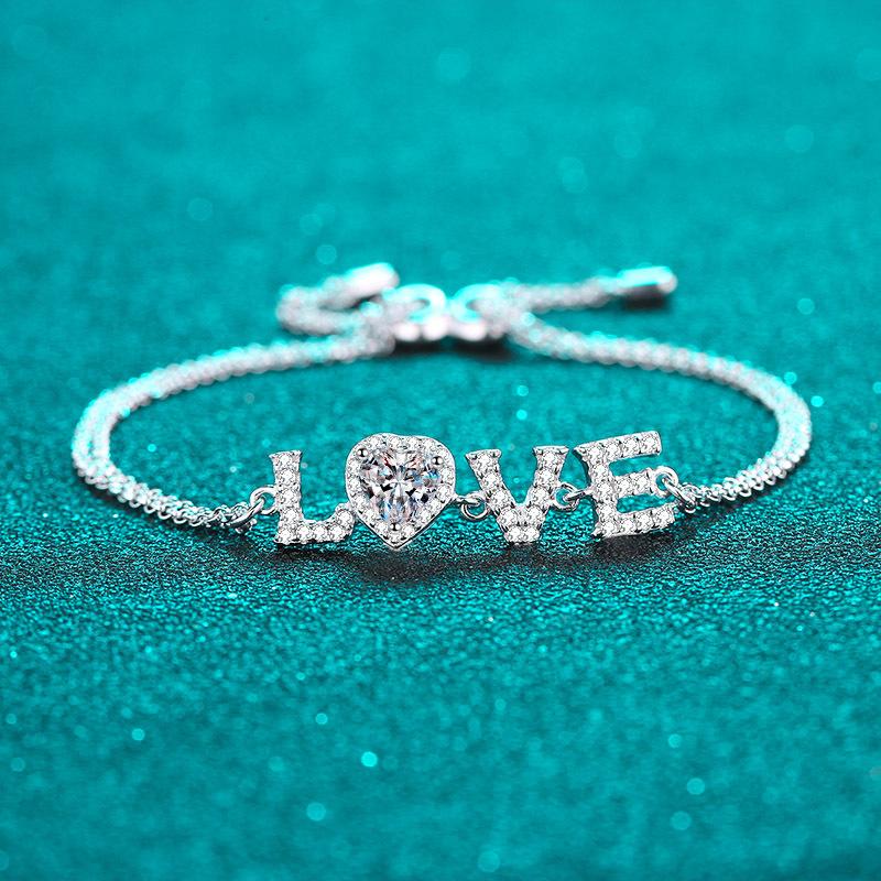 Sterling Silver Love Bracelet with 0.5 Carat Moissanite and 5mm Heart-Shaped Zircon Accents for Women