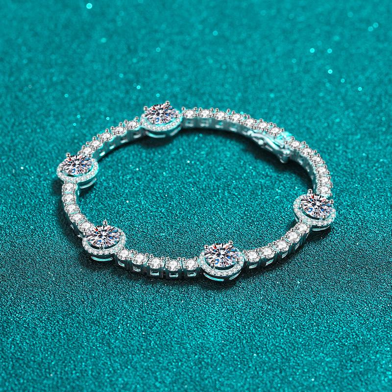 Moissanite Cluster Bracelet with Platinum Plated Sterling Silver Clasp in Geometric Design