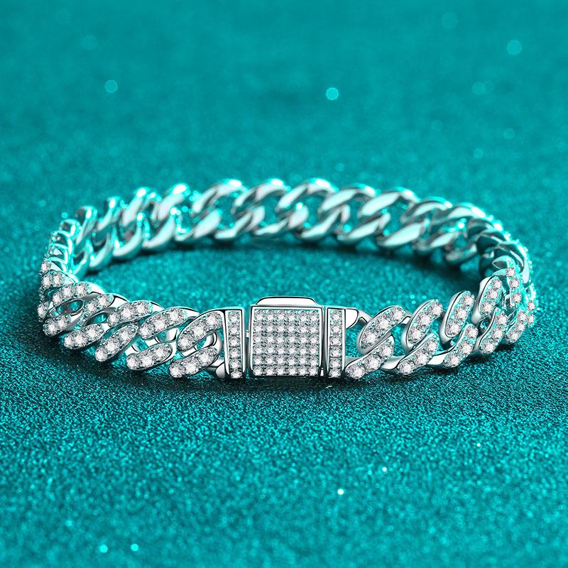 Cuban Link Bracelet with Moissanite Stones in 925 Sterling Silver, Multiple Sizes Available