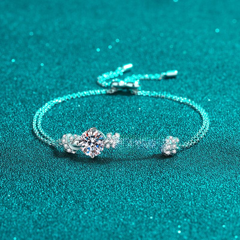 Double Chain Bracelet with 2-Carat Moissanite and Peach Charm Design in 925 Sterling Silver