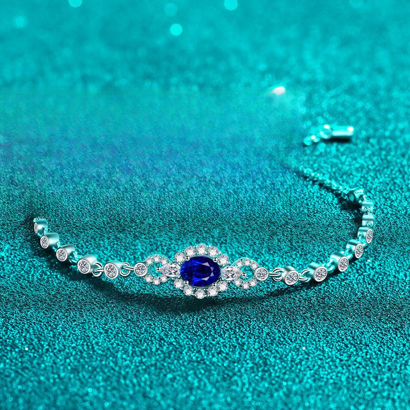 Elegant 925 Sterling Silver Plated PT950 Blue Oval Moissanite Bracelet with Floral Accents