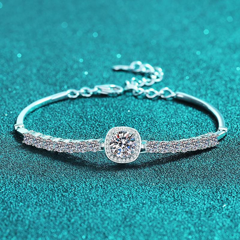 Bracelet with Round and Square Moissanite Stones in Handcrafted S925 Silver Setting Featuring Floral and Nature-Inspired Designs