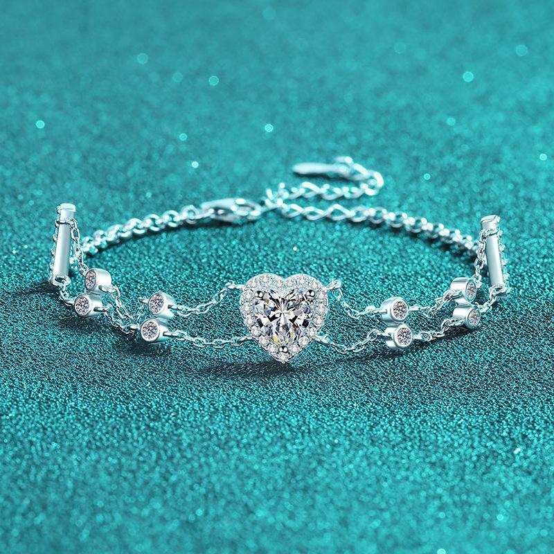 Sterling Silver Handcrafted Moissanite Bracelet with Heart-Shaped Accents and Blue Gemstones in Sweet Princess Style