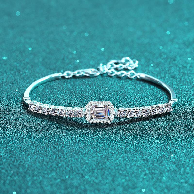 Women's S925 Sterling Silver Handcrafted Moissanite Bracelet with Emerald Cut and Radiant Cut Stones in Blue and White