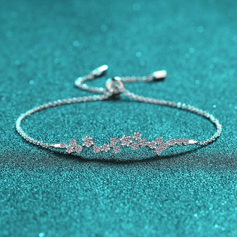 Sterling Silver Moissanite Floral Vine Bracelet with Adjustable Sliding Closure for Women