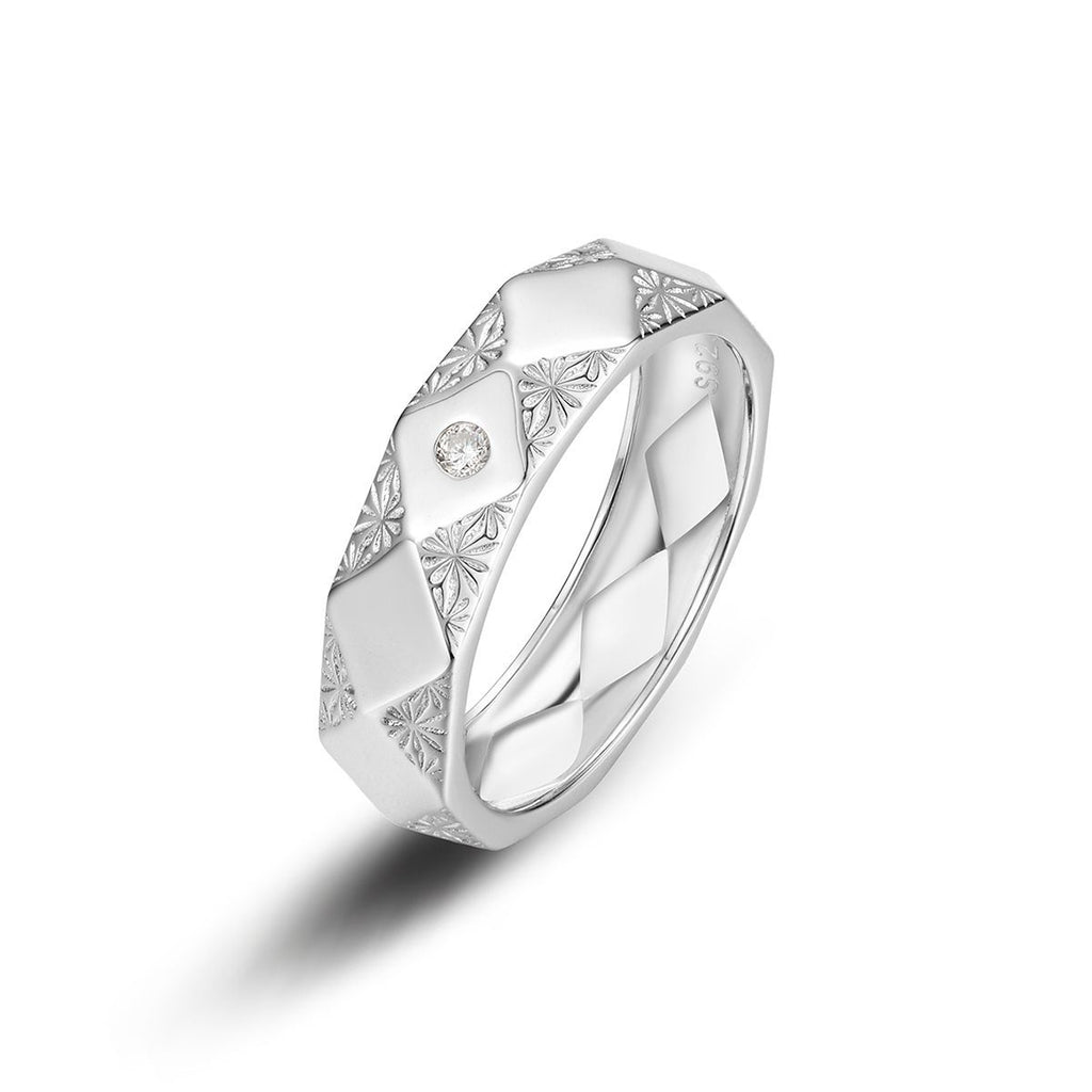 Geometric Faceted Band Moissanite Vintage 925 Sterling Silver Ring