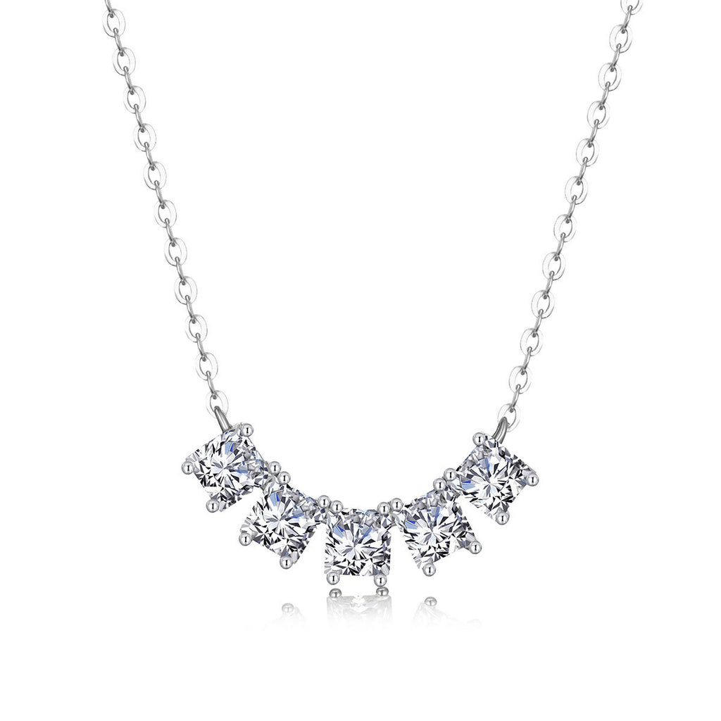 White Moissanite Geometric Five Stone Fan Curve 925 Sterling Silver Necklace