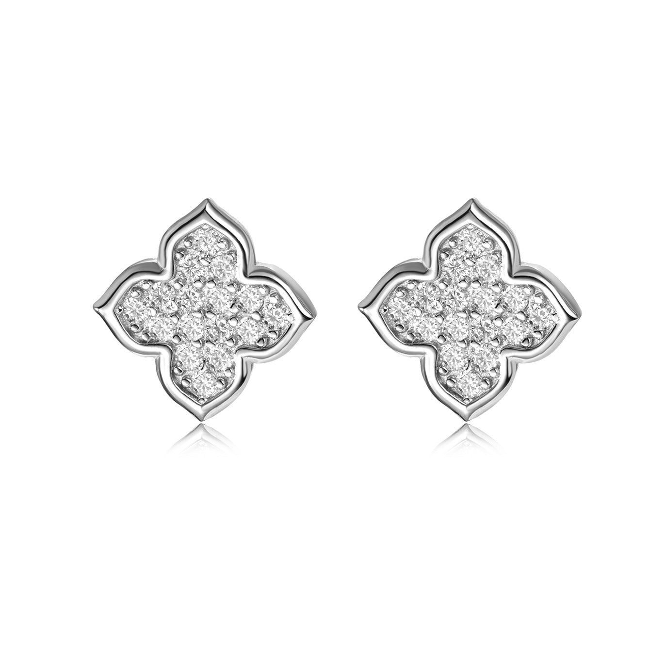 White Moissanite Clover Flower Stud Earrings In 925 Sterling Silver Stud Earrings
