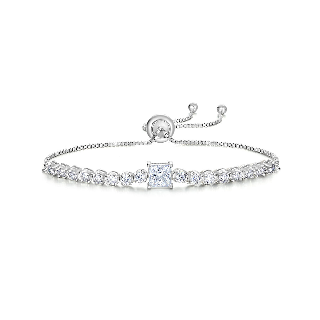 White Moissanite Geometric Princess Cut Square Center Stone Tennis Bracelet  925 Sterling Silver Adjustable Slider Chain Bracelet