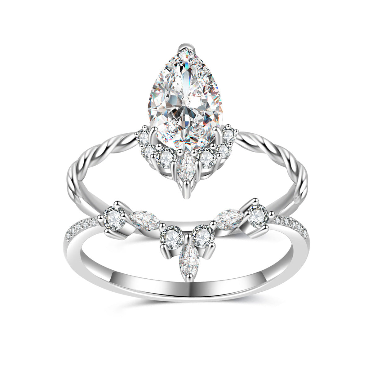 Moissanite Pear Cut Floral Crown Stacked Ring Set Platinum Color S925 Sterling Silver Ring for Women and Men Vintage Elegant Princess Style Wedding Party Anniversary Gift Jewelry