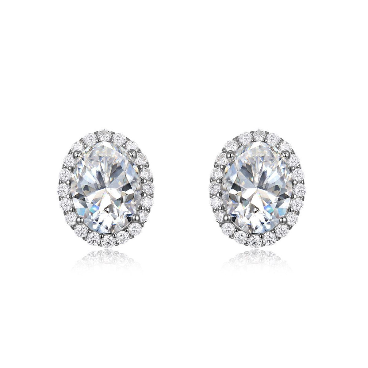 Oval Moissanite  D Color Halo 925 Sterling Silver Stud Earrings