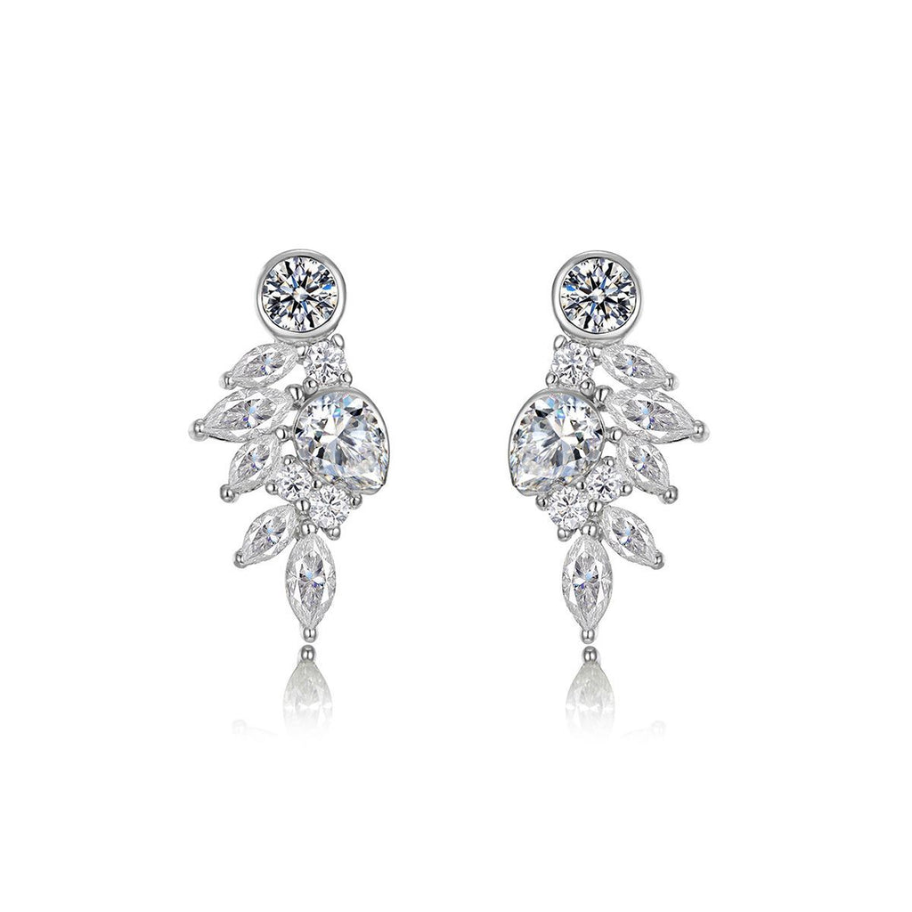 White Moissanite Leaf Cluster In 925 Sterling Silver  Stud Earrings
