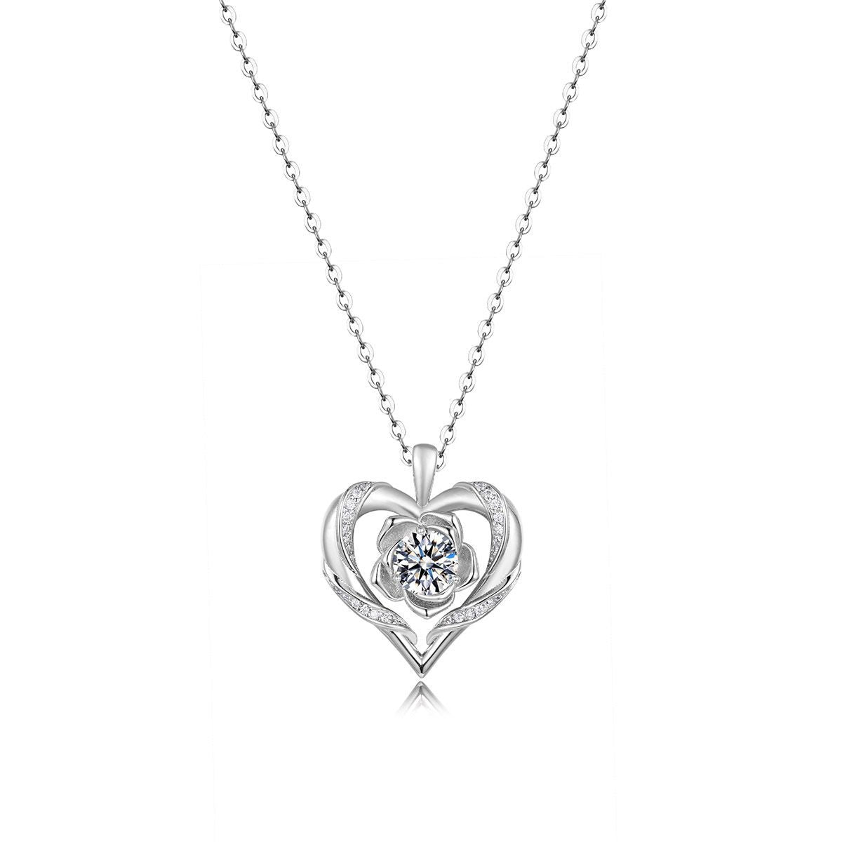 Heart Rose Flower Silver 925 Sterling Silver Moissanite Pendant Necklace