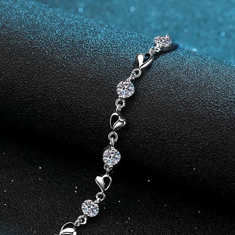Sterling Silver Moissanite Heart Bracelet with 5mm Zircon Accents and Platinum Plating
