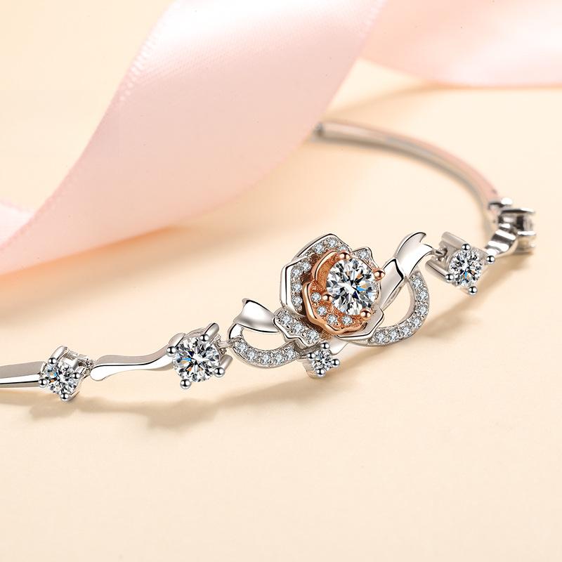 Rose Flower Bracelet with 1.4 Carat Moissanite and 7A Zircon Stones in S925 Silver with Dual-Tone Plating