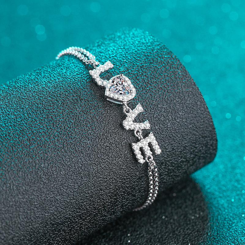 Sterling Silver Love Bracelet with 0.5 Carat Moissanite and 5mm Heart-Shaped Zircon Accents for Women