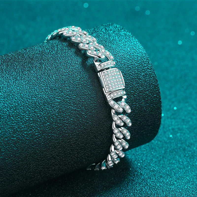 Cuban Link Bracelet with Moissanite Stones in 925 Sterling Silver, Multiple Sizes Available