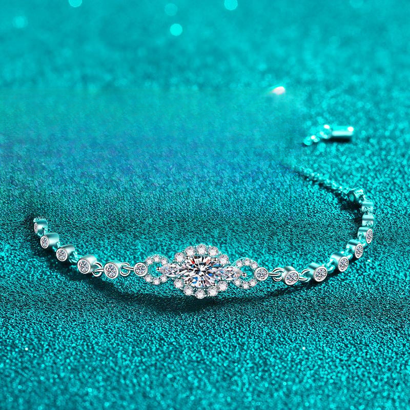 Elegant 925 Sterling Silver Plated PT950 Blue Oval Moissanite Bracelet with Floral Accents