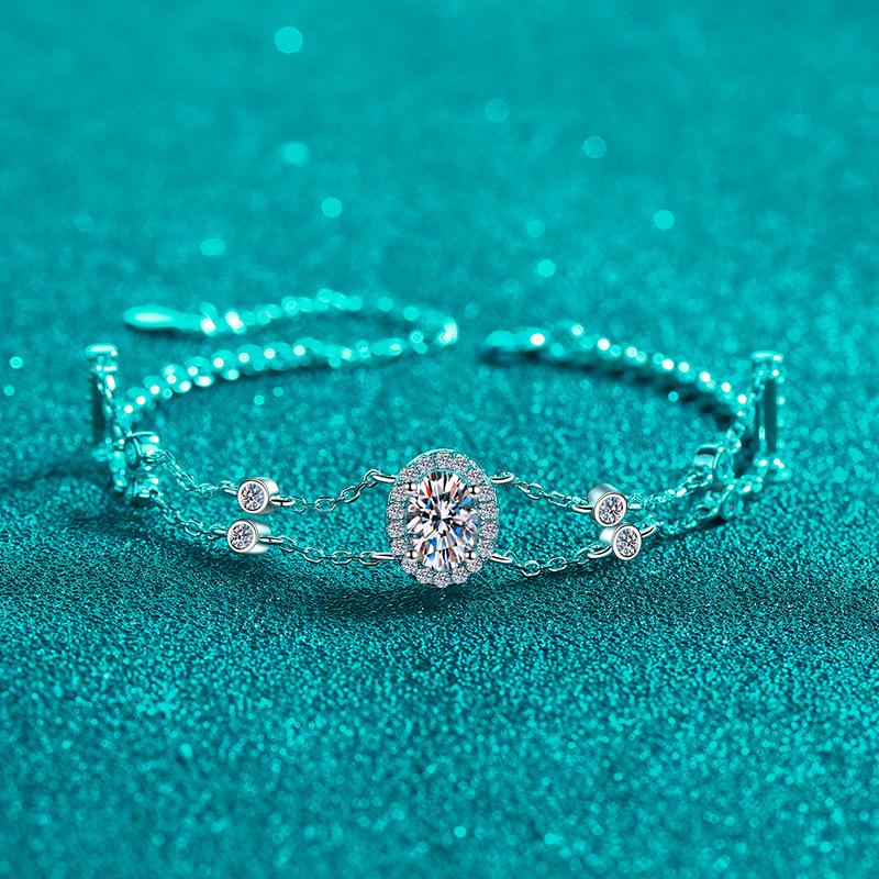 Bracelet with Oval Double Chain Design Featuring White and Blue Moissanite Stones in Platinum-Plated 925 Silver