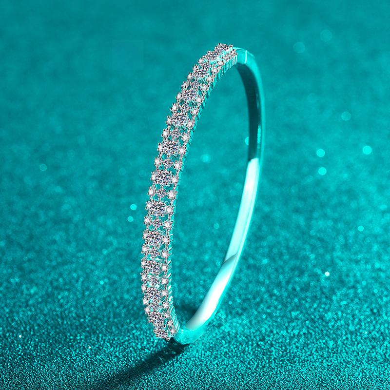 Bracelet with 2.1 Carat Full-Cut Moissanite Stones in Platinum-Plated 925 Sterling Silver Featuring Floral and Geometric Designs