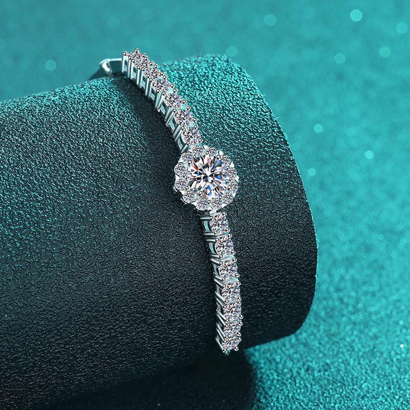 Bracelet with Handcrafted S925 Sterling Silver and 2.4 Carat Moissanite Round Row Diamonds in a Minimalist Starry Sky Design