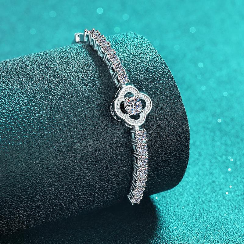 Sterling Silver Clover Moissanite Halo Tennis Bracelet with Floral Motifs