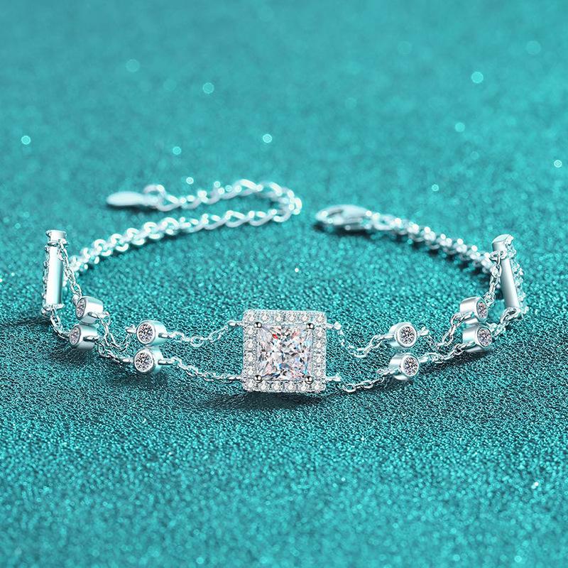 Sterling Silver Dual Chain Bracelet with Square-Cut Moissanite and Blue Gemstones in Leaf and Star Motifs