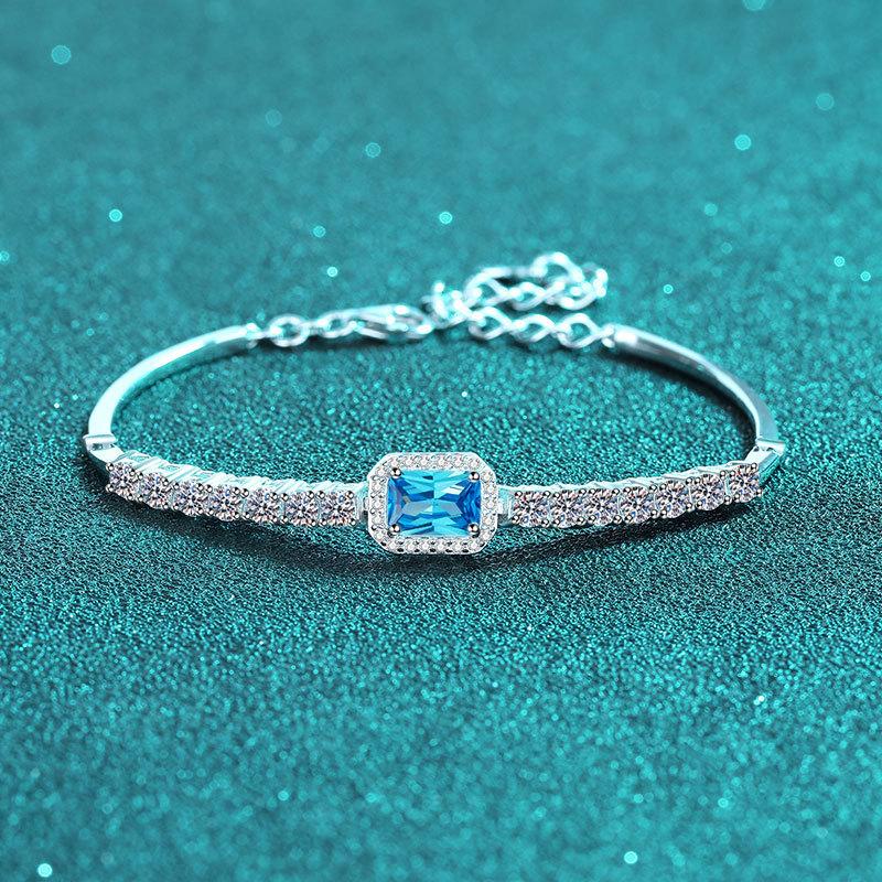 Women's S925 Sterling Silver Handcrafted Moissanite Bracelet with Emerald Cut and Radiant Cut Stones in Blue and White