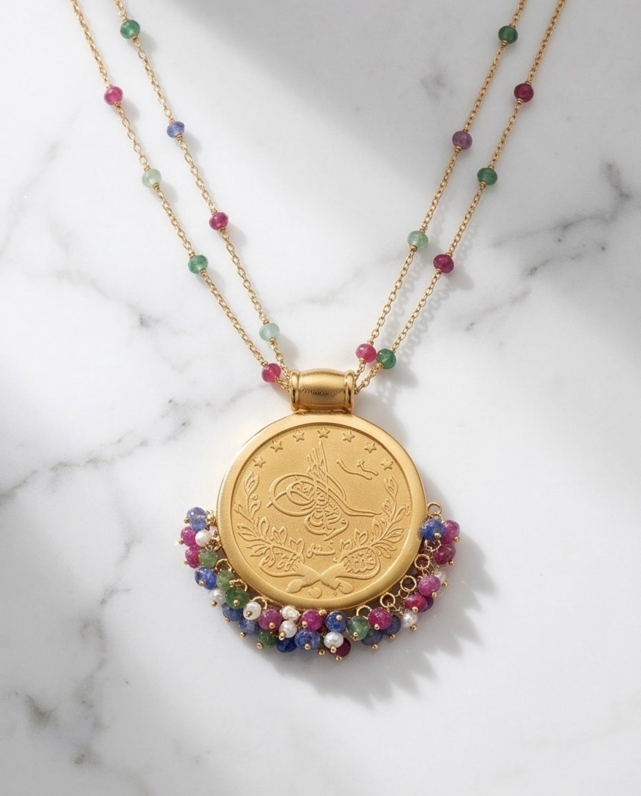 Royal Multicolor Beaded Medallion Necklace full set – 925 Sterling Silver, 21K Gold Plated Full Set