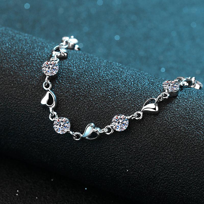 Sterling Silver Moissanite Heart Bracelet with 5mm Zircon Accents and Platinum Plating