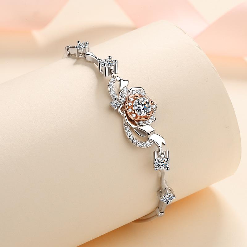 Rose Flower Bracelet with 1.4 Carat Moissanite and 7A Zircon Stones in S925 Silver with Dual-Tone Plating
