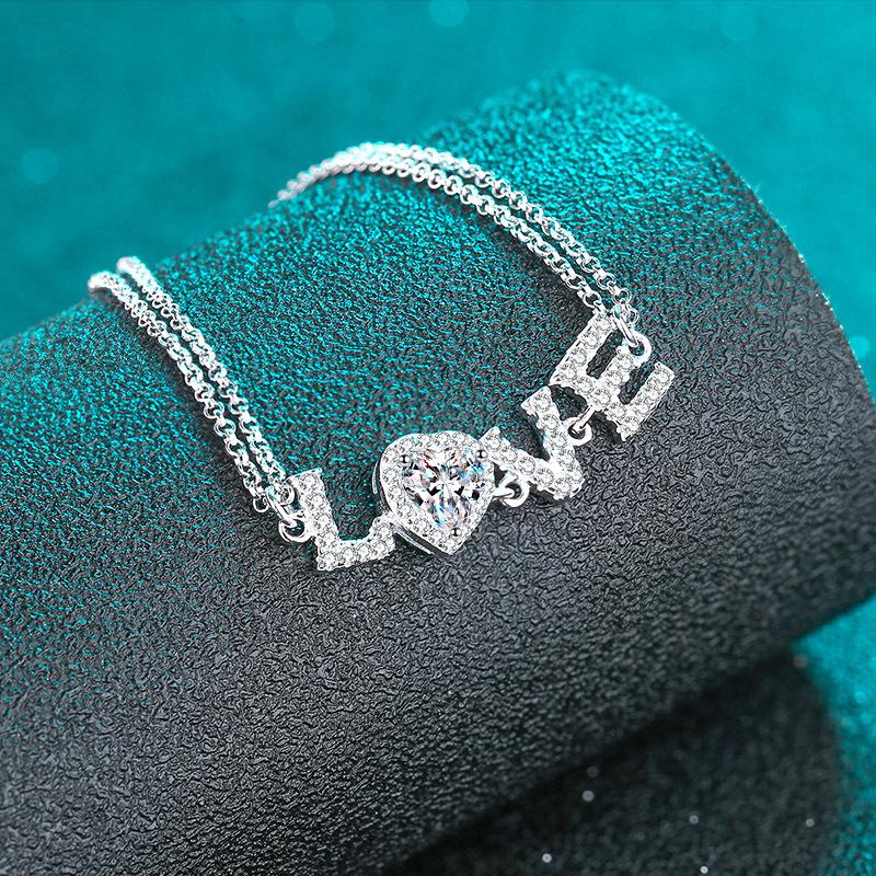 Sterling Silver Love Bracelet with 0.5 Carat Moissanite and 5mm Heart-Shaped Zircon Accents for Women