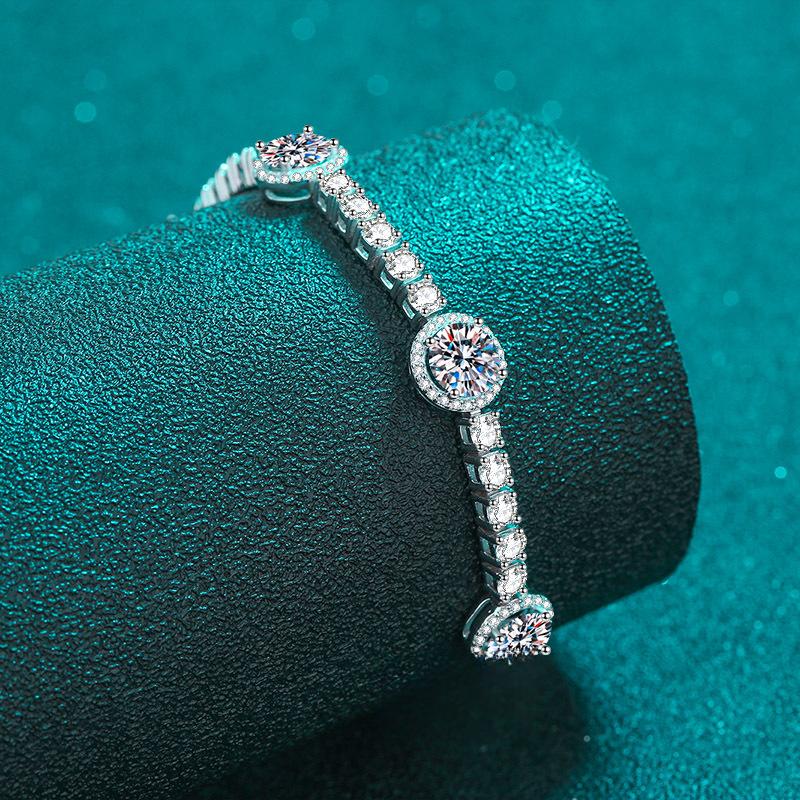 Moissanite Cluster Bracelet with Platinum Plated Sterling Silver Clasp in Geometric Design