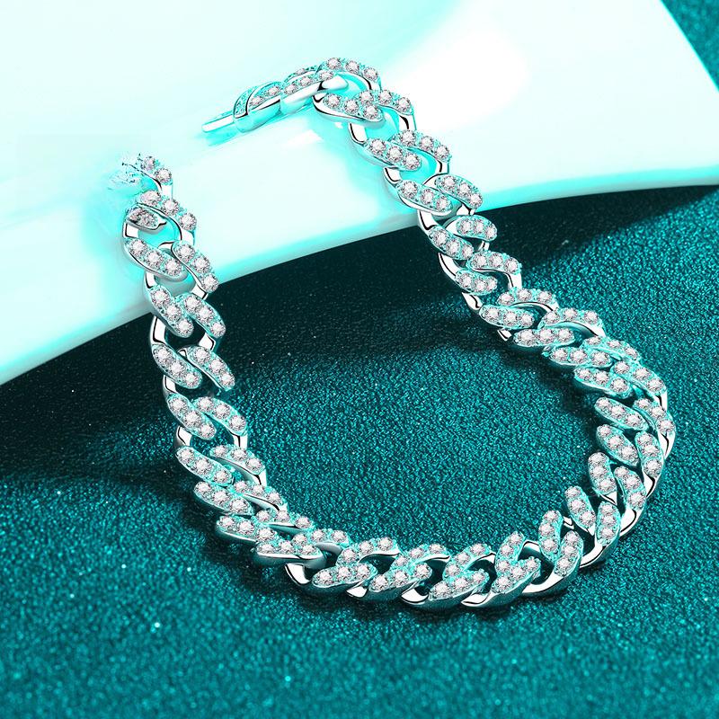 Cuban Link Bracelet with Moissanite Stones in 925 Sterling Silver, Multiple Sizes Available