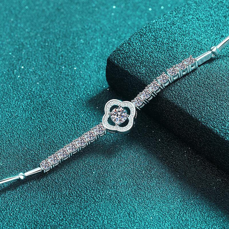Sterling Silver Clover Moissanite Halo Tennis Bracelet with Floral Motifs