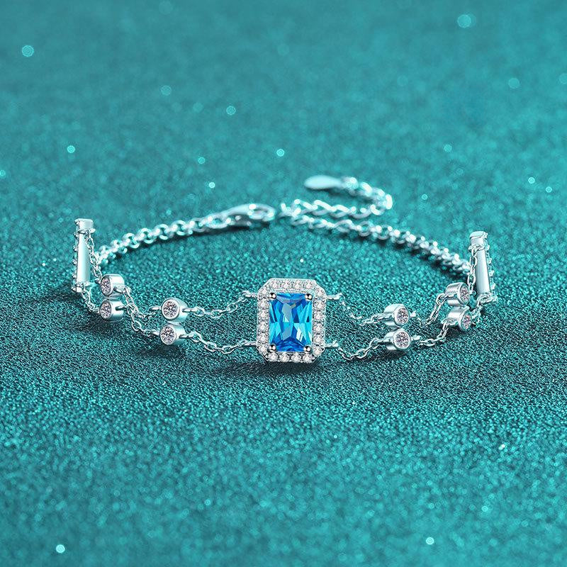 Double Chain Bracelet with S925 Sterling Silver Hand-Set Moissanite and Blue Rectangular Step-Cut Stones