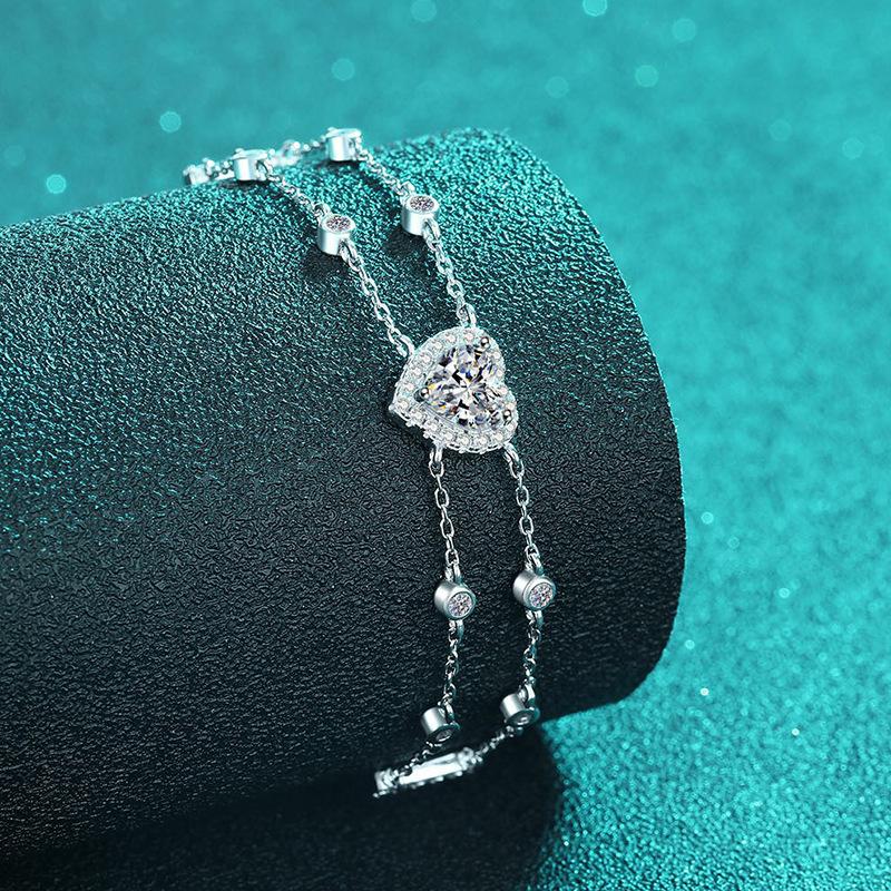 Sterling Silver Handcrafted Moissanite Bracelet with Heart-Shaped Accents and Blue Gemstones in Sweet Princess Style