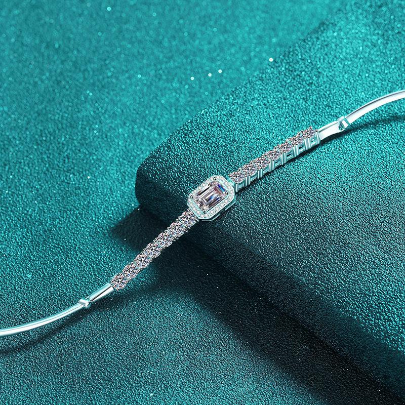 Women's S925 Sterling Silver Handcrafted Moissanite Bracelet with Emerald Cut and Radiant Cut Stones in Blue and White