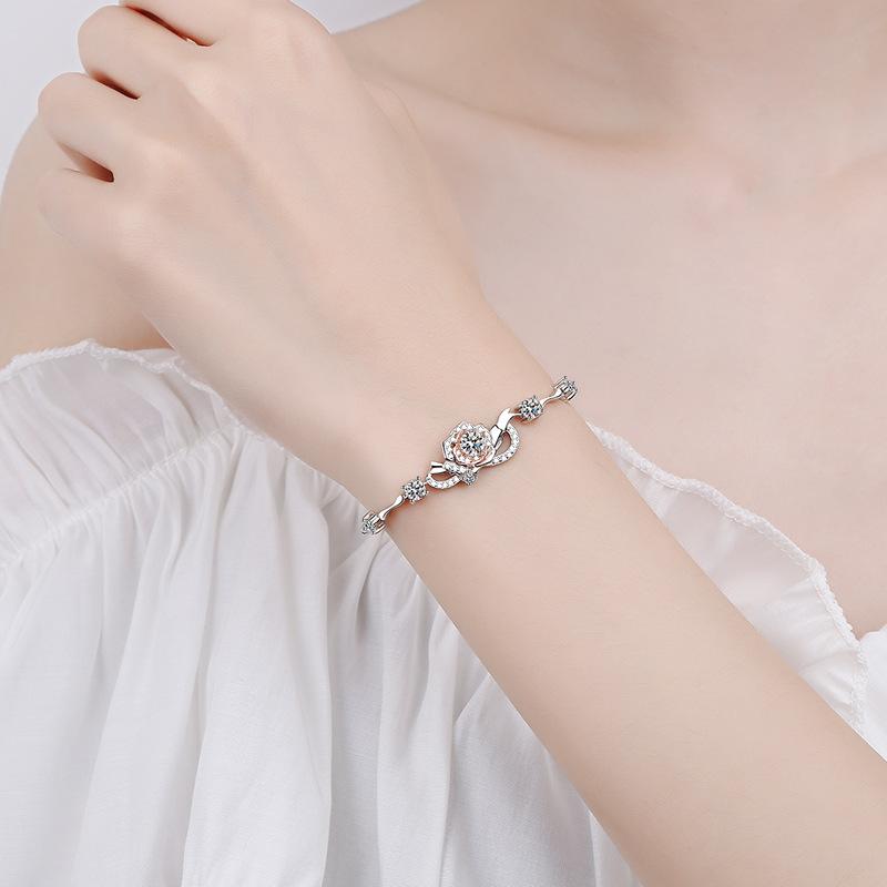 Rose Flower Bracelet with 1.4 Carat Moissanite and 7A Zircon Stones in S925 Silver with Dual-Tone Plating