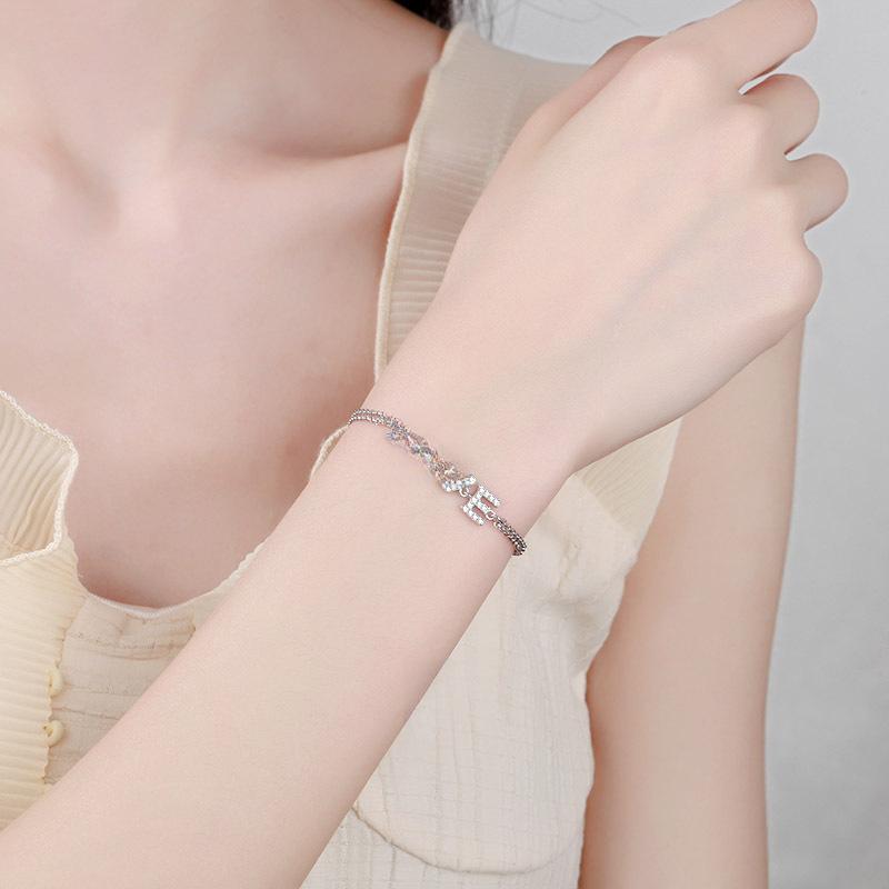 Sterling Silver Love Bracelet with 0.5 Carat Moissanite and 5mm Heart-Shaped Zircon Accents for Women