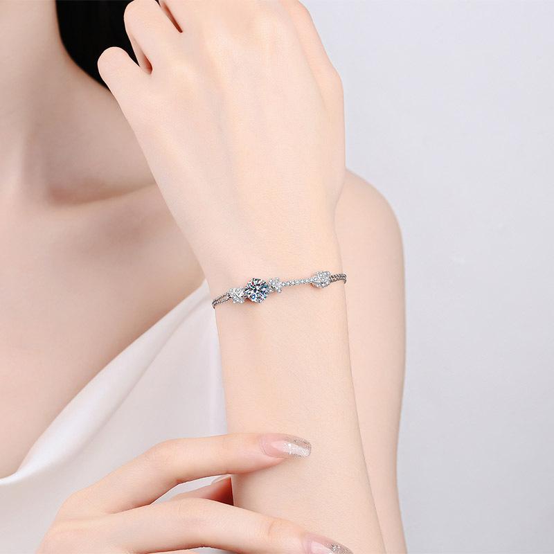 Double Chain Bracelet with 2-Carat Moissanite and Peach Charm Design in 925 Sterling Silver