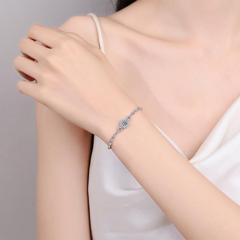 Elegant 925 Sterling Silver Plated PT950 Blue Oval Moissanite Bracelet with Floral Accents
