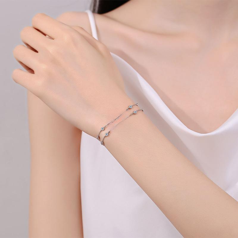 Double Chain Bracelet with S925 Sterling Silver Hand-Set Moissanite and Blue Rectangular Step-Cut Stones