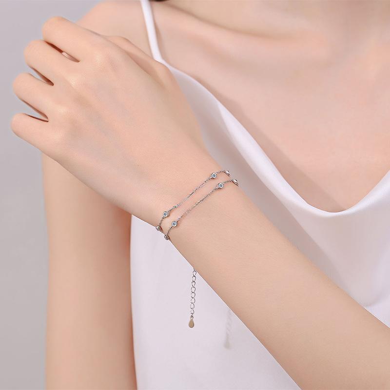 Sterling Silver Handcrafted Moissanite Bracelet with Heart-Shaped Accents and Blue Gemstones in Sweet Princess Style