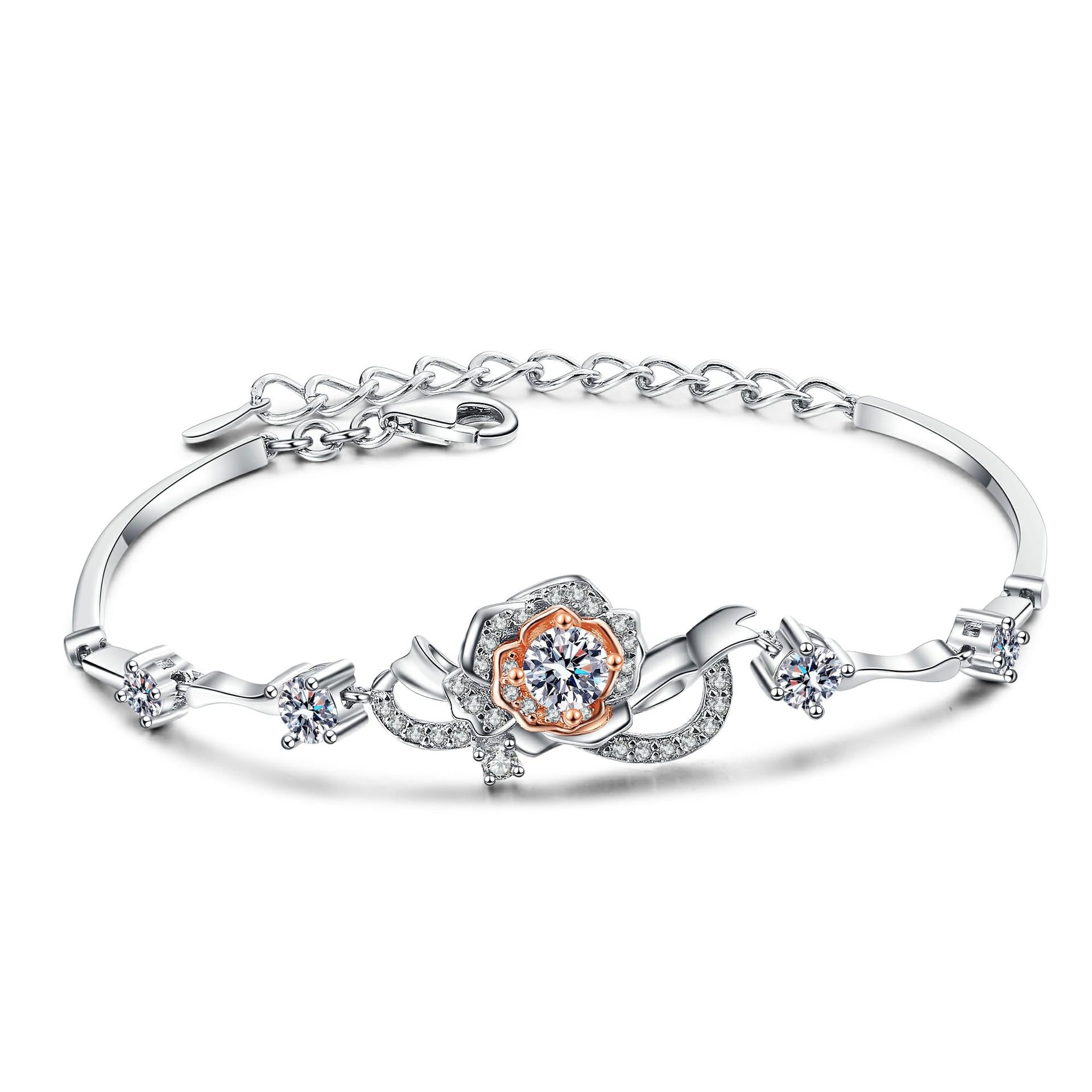 Rose Flower Bracelet with 1.4 Carat Moissanite and 7A Zircon Stones in S925 Silver with Dual-Tone Plating