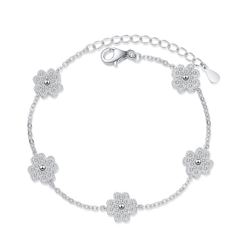 Bracelet with Five-Leaf Clover Design in 925 Sterling Silver Featuring Micro-Set Moissanite