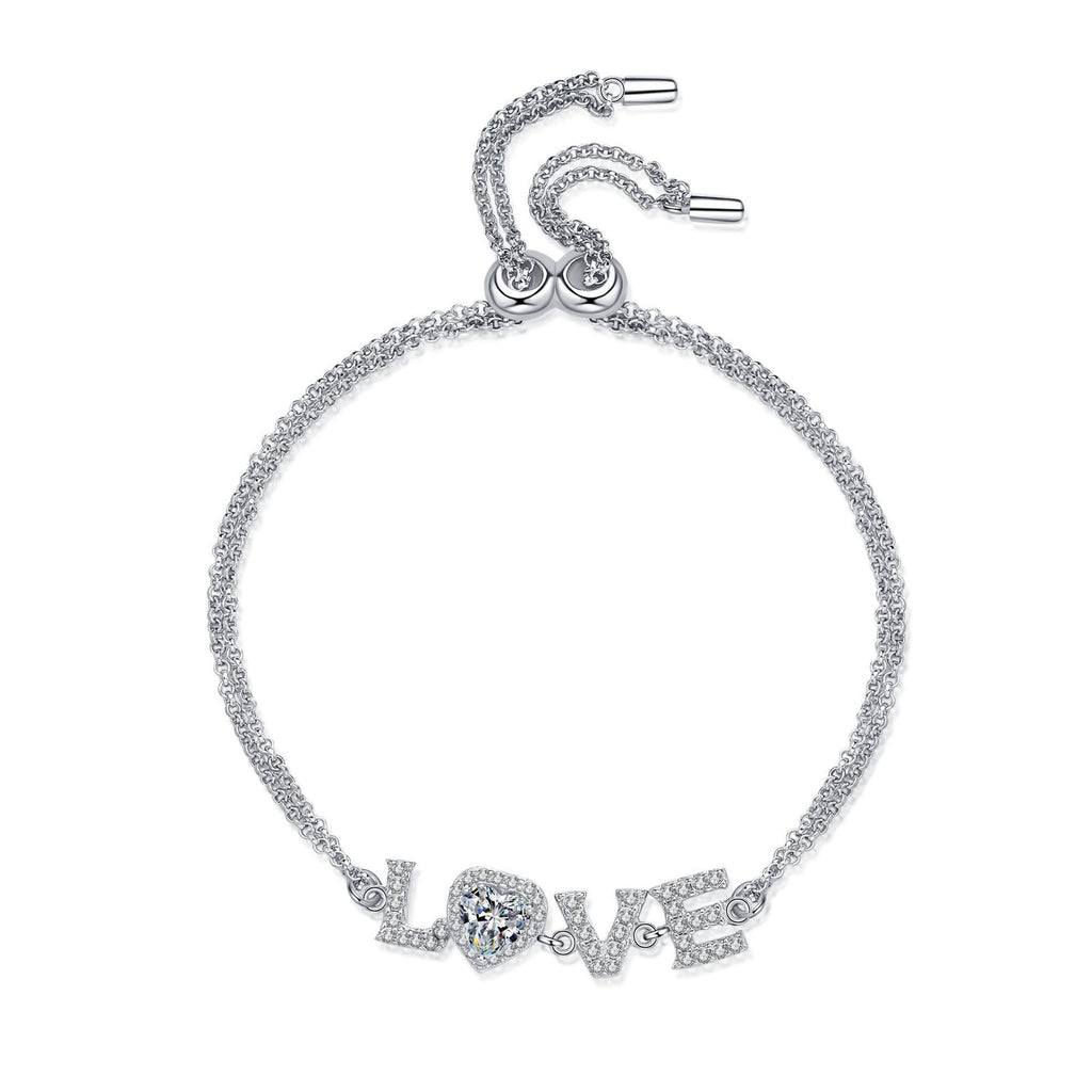Sterling Silver Love Bracelet with 0.5 Carat Moissanite and 5mm Heart-Shaped Zircon Accents for Women