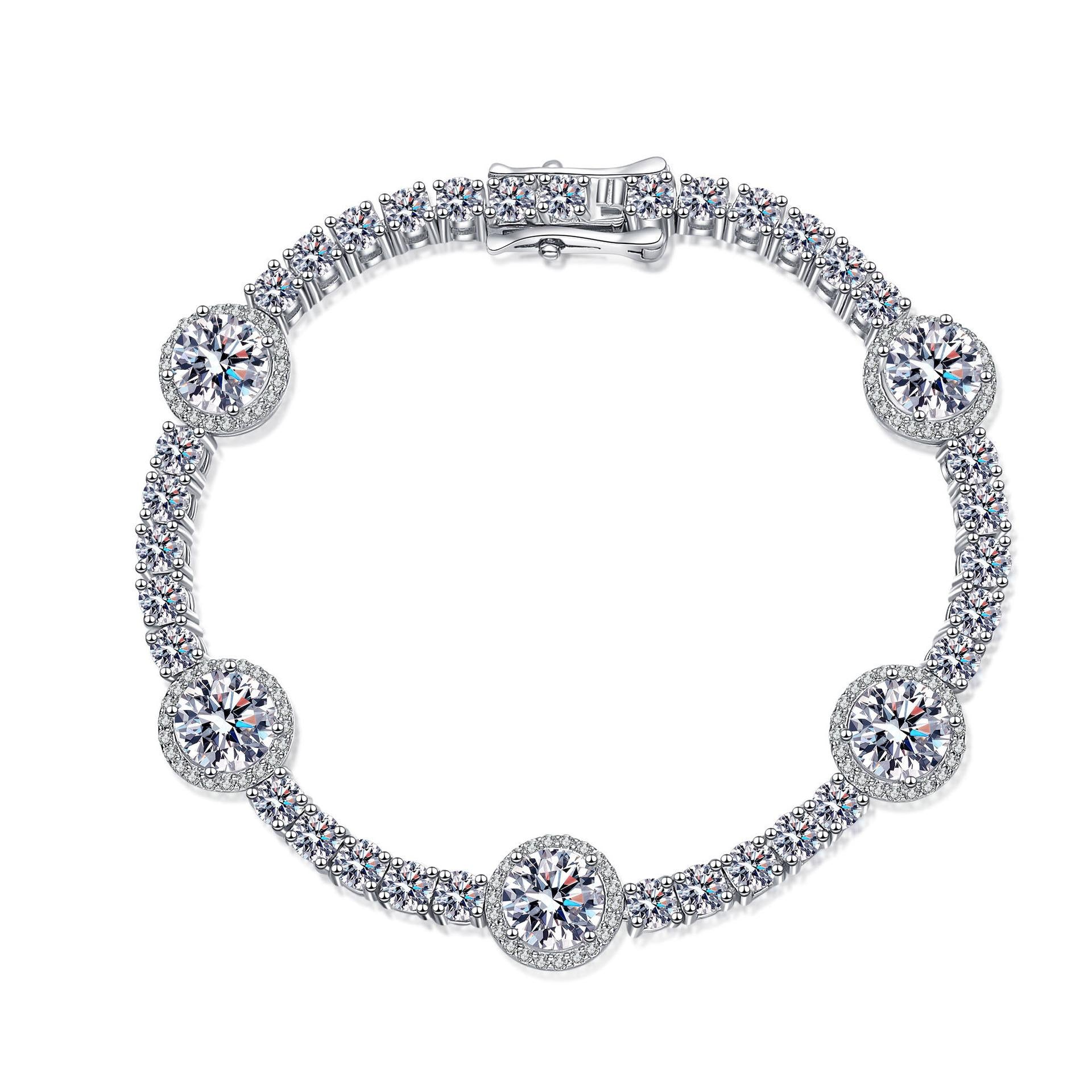 Moissanite Cluster Bracelet with Platinum Plated Sterling Silver Clasp in Geometric Design