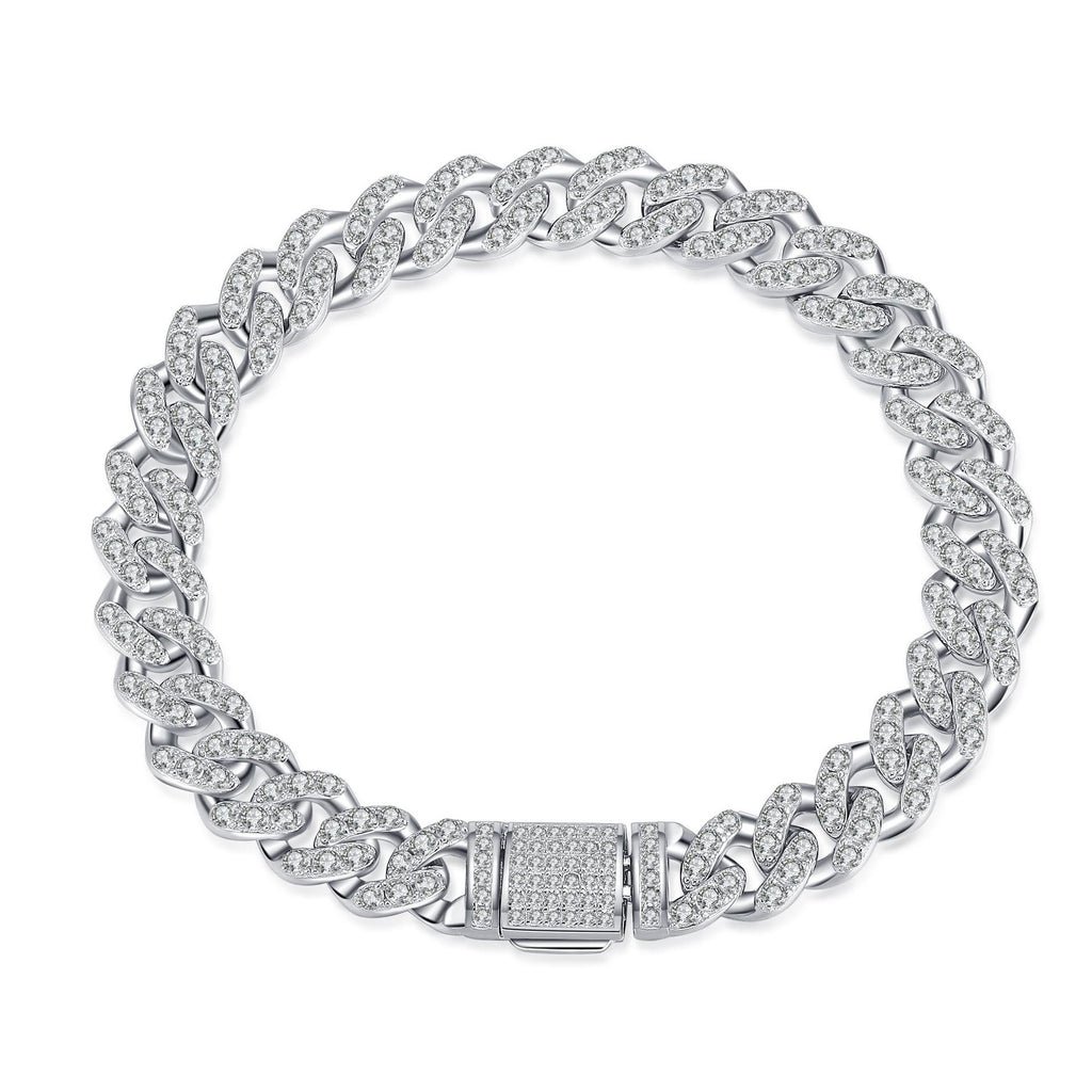 Cuban Link Bracelet with Moissanite Stones in 925 Sterling Silver, Multiple Sizes Available