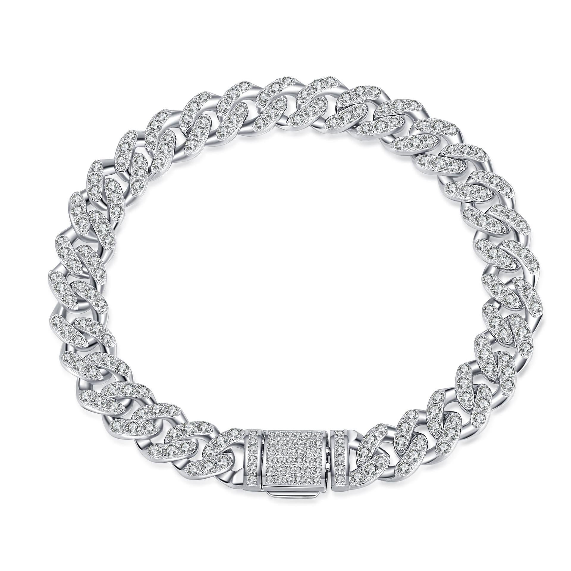 Cuban Link Bracelet with Moissanite Stones in 925 Sterling Silver, Multiple Sizes Available